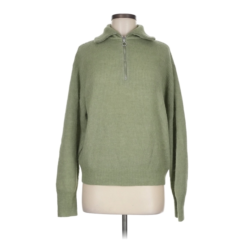 Quince Green Pullover Sweater Long Sleeve Collared Zipper Detail Women's M